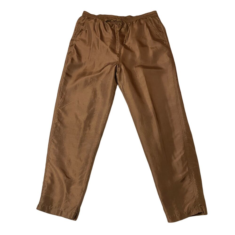VTG Petite Sophisticate Brown 100% Silk Draw String Straight Leg Pants Small